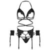 LEG AVENUE SET CUATRO PIEZAS SUJETADOR, LIGUERO, TANGA Y PUÑOS TALLA UNICA - NEGRO - immagine 5
