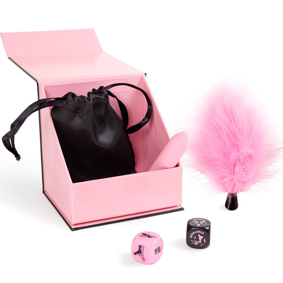 SECRET PLAY - PLEASURES BOX PER COPPIE: DADI + PROIETTILE VIBRANTE + PENNA CON PIUMA - immagine 3